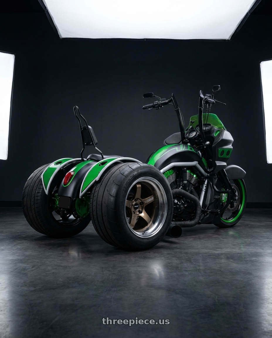 2002 custom trike with Volk Racing 21C SPEC-SR 5x114.3 18x11 -10 SHINING BRONZE METAL / RIM DC wheels rear three quarter view excessive tires