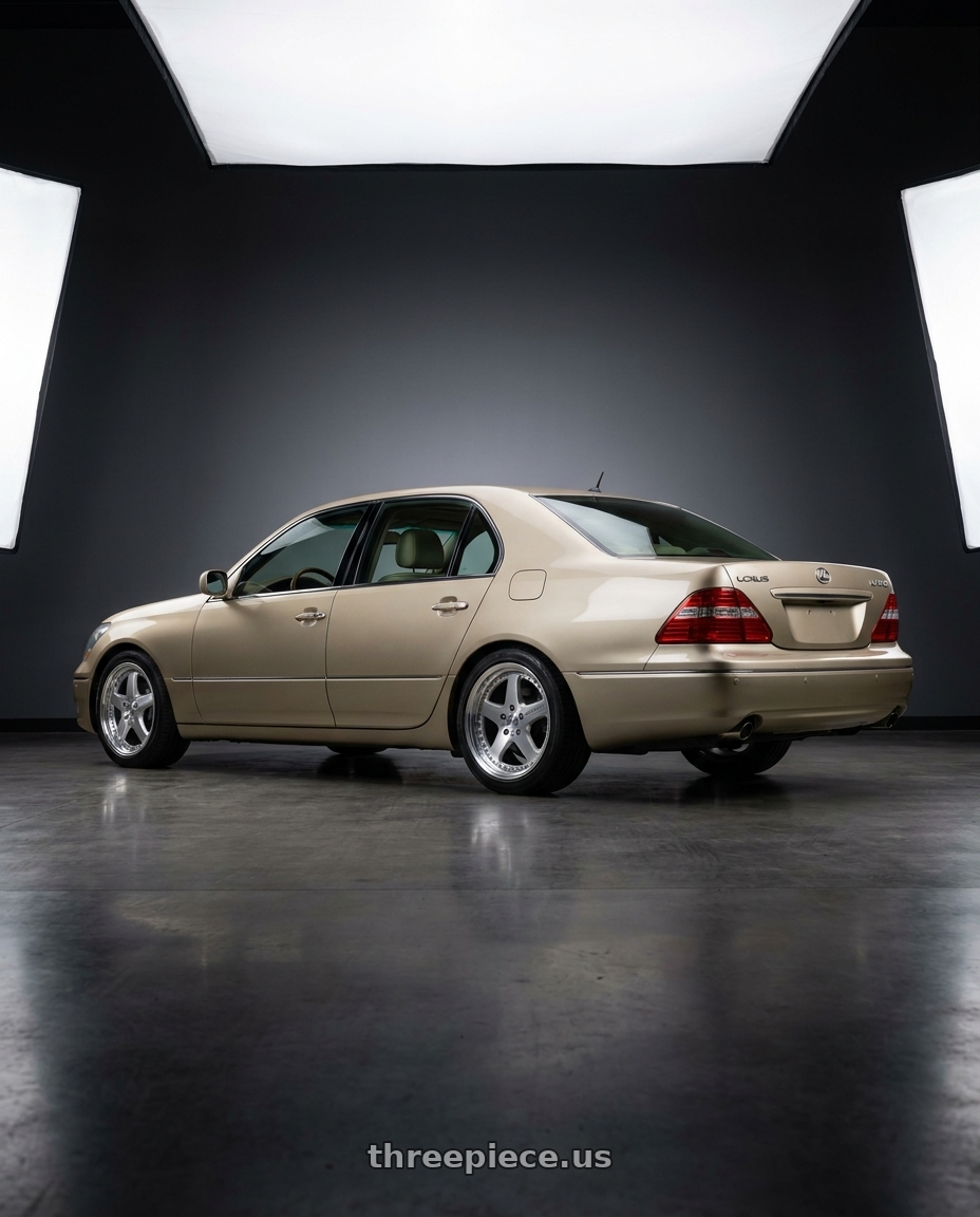 2002 Lexus LS430 mystic gold with Work Lanvec Ld1 5x114.3 19x8+38 A Disk Machine Silver Polish wheels rear three quarter view square tires