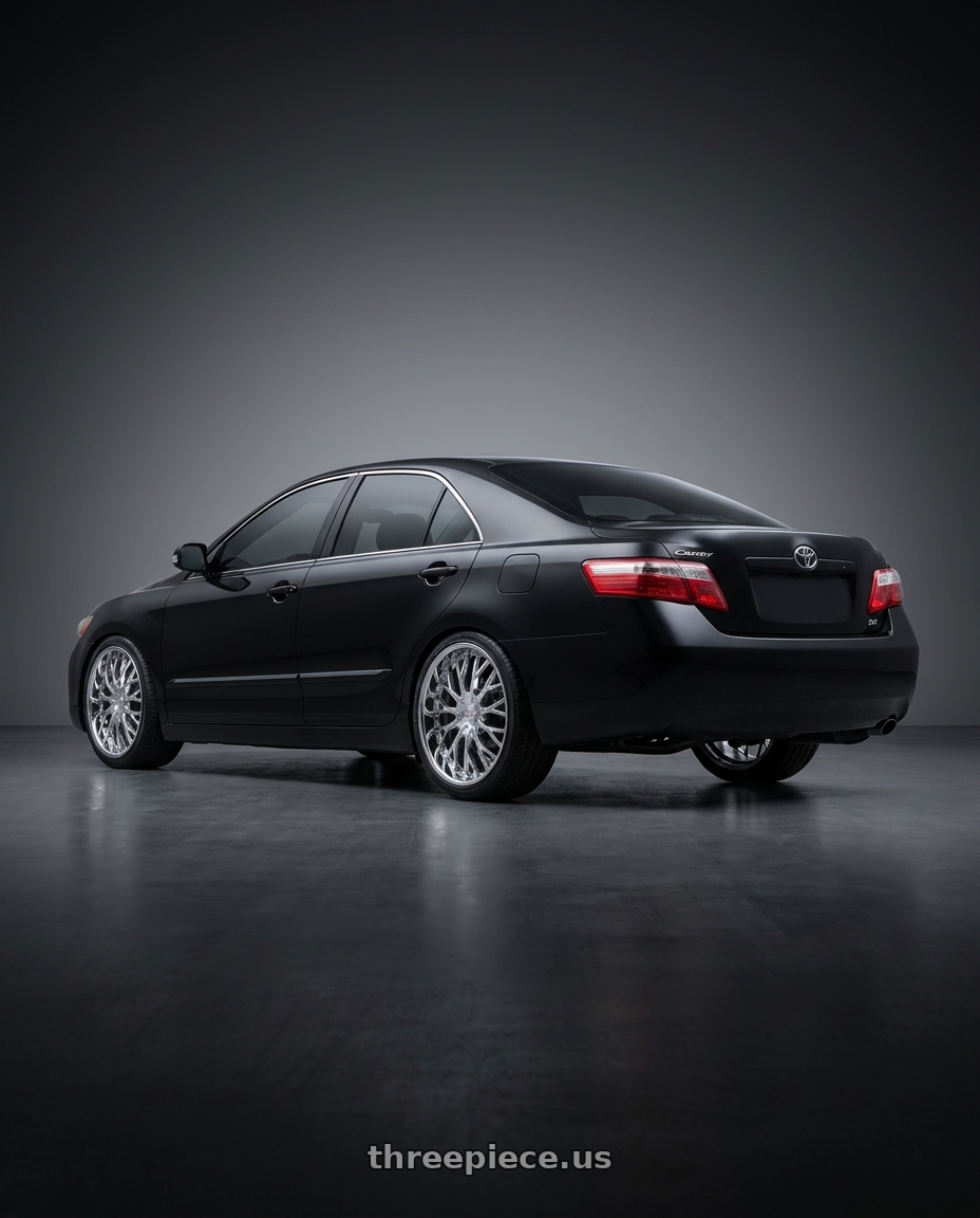 2008 Toyota Camry 2.0 E with Cavallo CLV-33 5x108/5x114.3 20x8.5 +35 Nano Chrome wheels rear three quarter view square tires