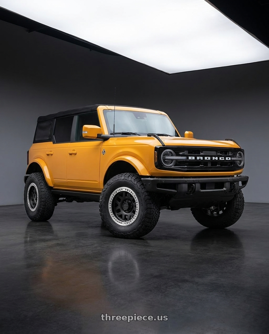 2024 Ford Bronco with KMC KM229 MACHETE CRAWL BEADLOCK 6X139.7 17X9 -38 SATIN BLACK MACHINED BEAD RING wheels