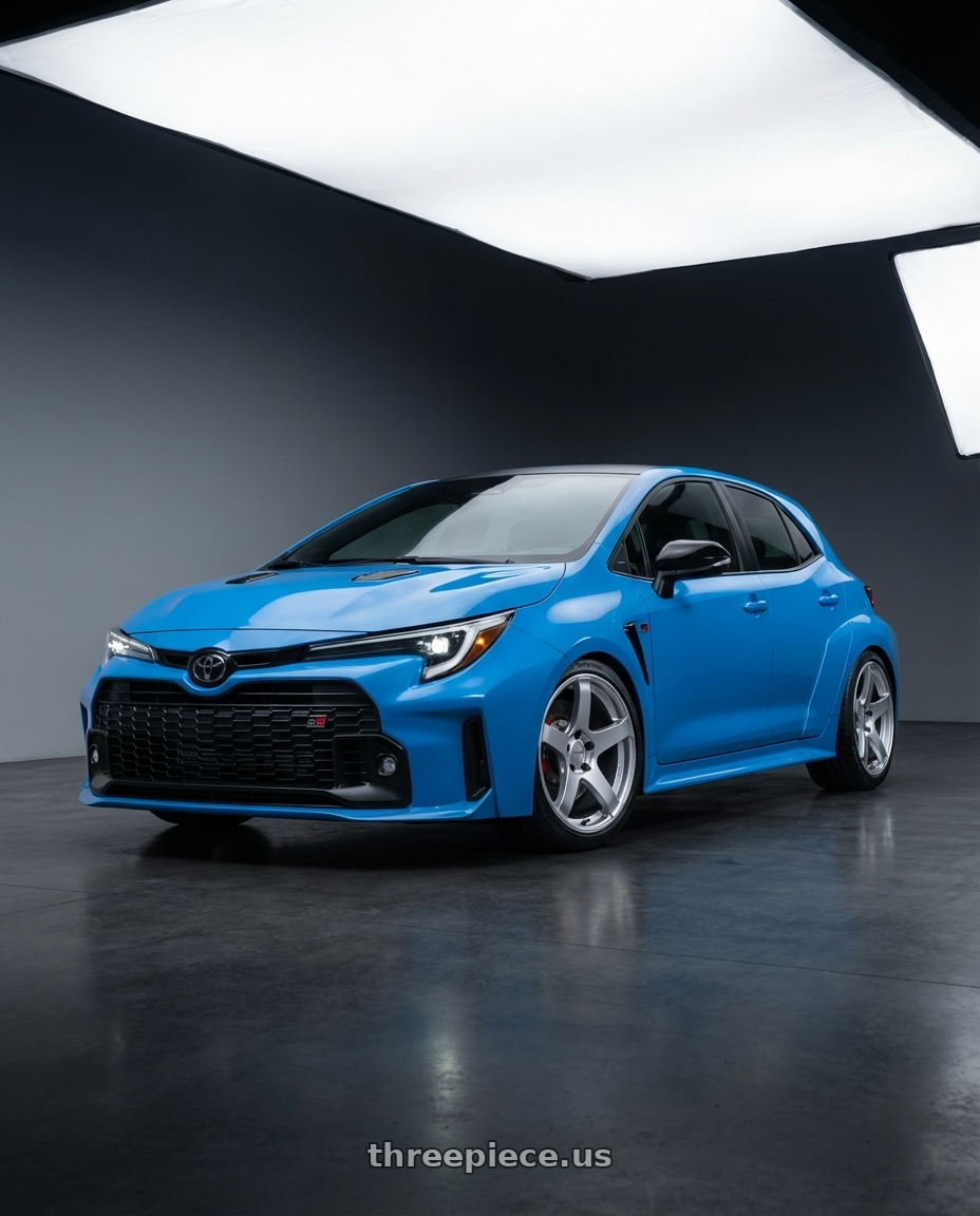 2024 Toyota GR Corolla with Ssr Gtv01 5x114.3 18x8+35  GLARE SILVER wheels front three quarter view lowered stance