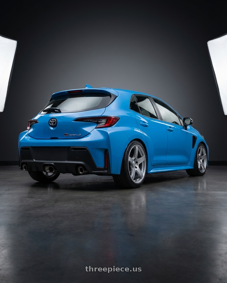 2024 Toyota GR Corolla with Ssr Gtv01 5x114.3 18x8+35  GLARE SILVER wheels rear three quarter view square tires