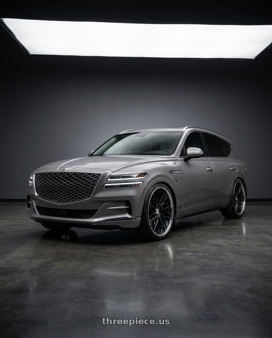 2027 Genesis GV80 Advanced with Work Gnosis Cvs 5x114.3 22x9.5+45 H Disk Matte Black wheels front three quarter view lowered stance