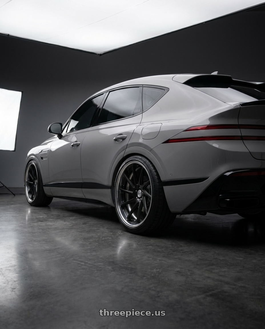 2027 Genesis GV80 Advanced with Work Gnosis Cvs 5x114.3 22x9.5+45 H Disk Matte Black wheels rear three quarter view slight stretch tires