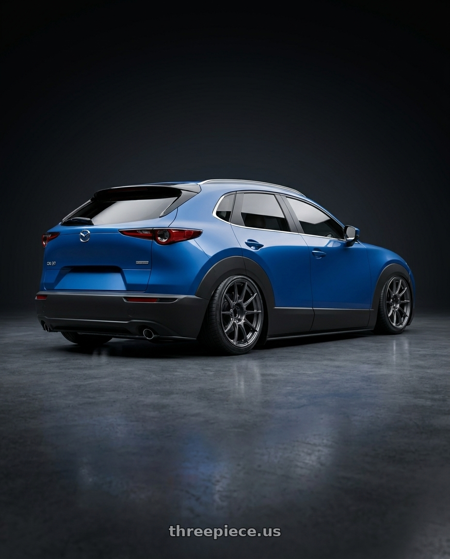 2020 Mazda cx30 with Ssr Gtx01 5x100 18x8.5+44  DARK SILVER wheels rear three quarter view slight stretch tires
