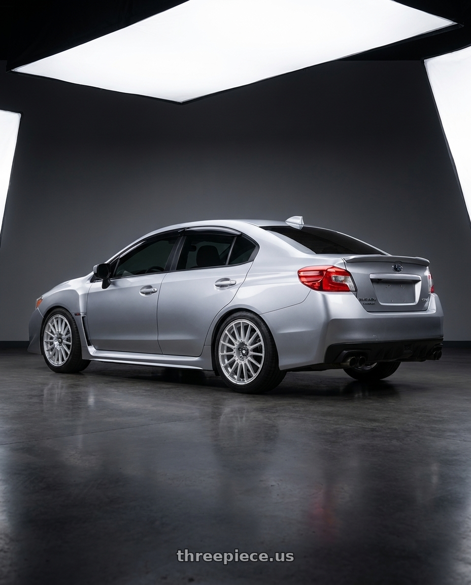 2017 Subaru Wrx base trim with Motegi MR119 RALLY CROSS S 5X114.3 17X7 +40 BRIGHT SILVER WITH CLEARCOAT wheels rear three quarter view slight stretch tires
