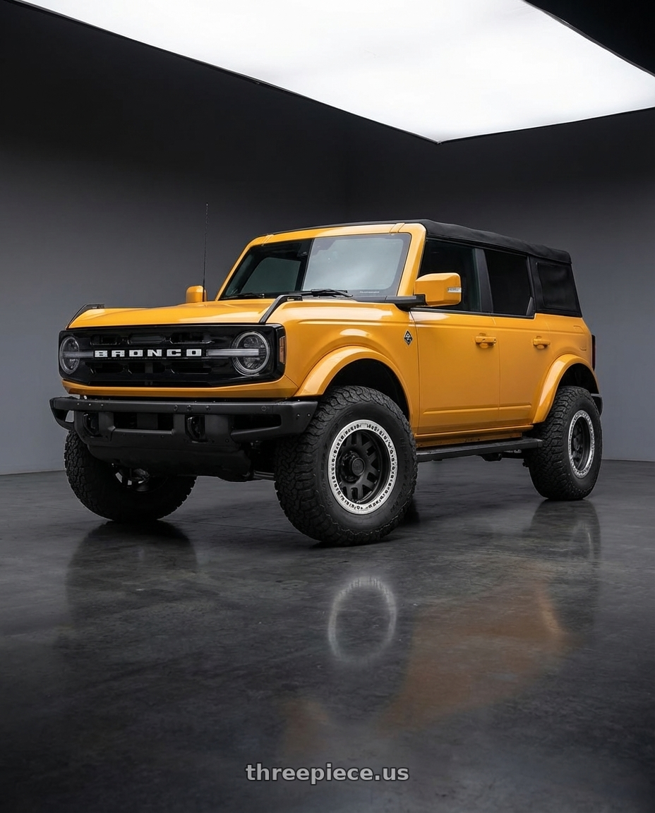 2024 Ford Bronco with KMC KM229 MACHETE CRAWL BEADLOCK 6X139.7 17X9 -38 SATIN BLACK MACHINED BEAD RING wheels