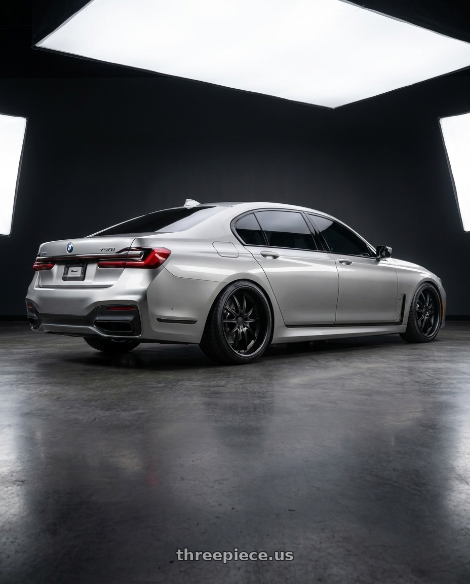 2020 bmw 750i with Mandrus ARGENT 5X112 17X8 +25 MATTE BLACK wheels rear three quarter view extreme stretch tires