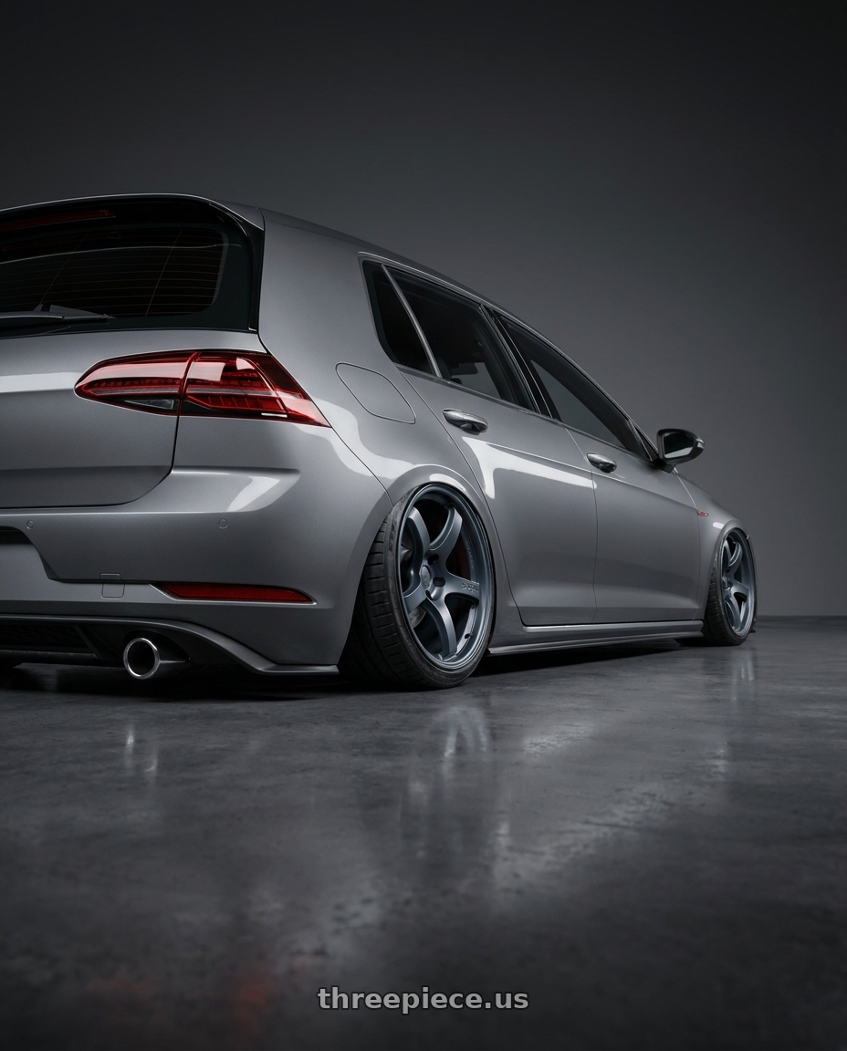 2019 Volkswagen GTI MK7 with Gram Lights 57CR 5x112 19x9.5+45 Gunblue II wheels rear three quarter view slight stretch tires