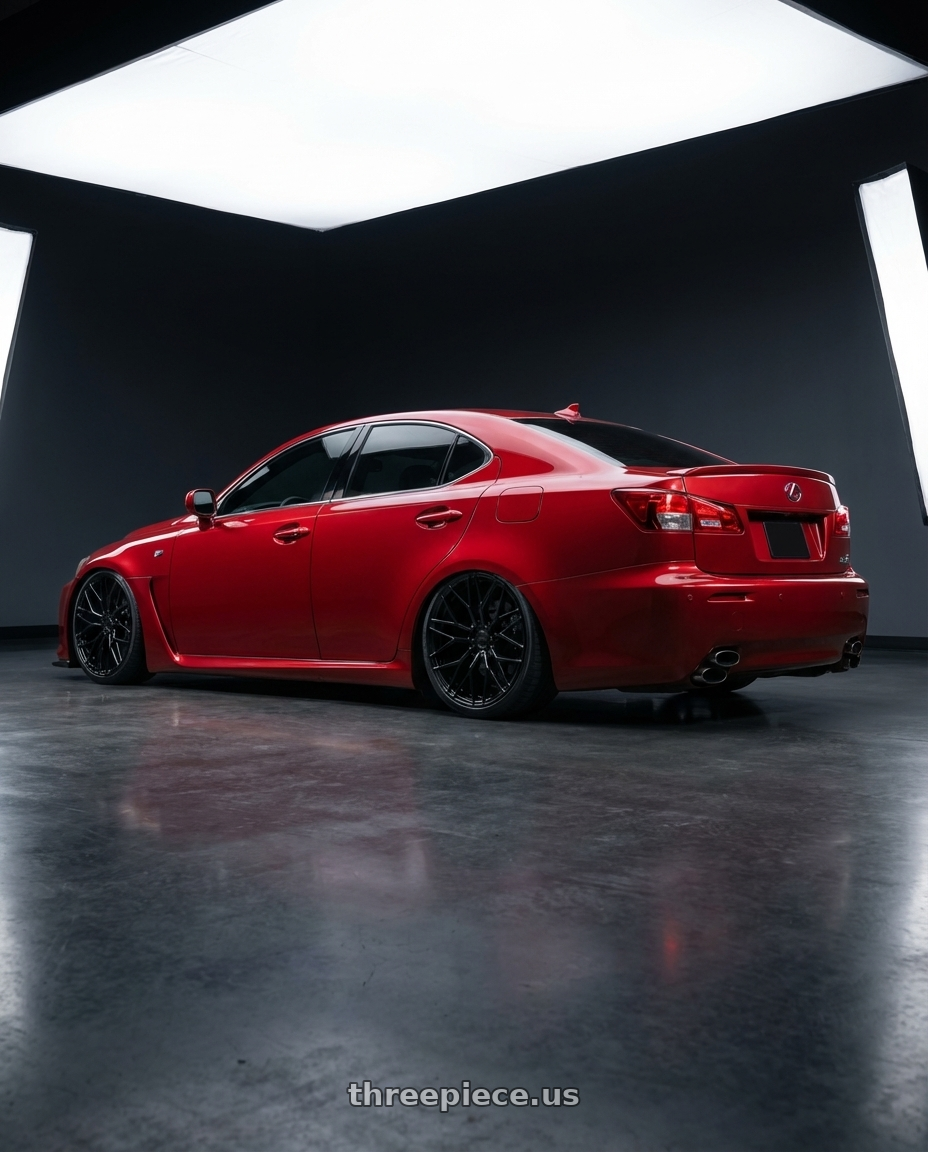 2012 Lexus IS-F with Avant Garde Wheels M520R 5X114.3 19x9.5 +40 Gloss Black wheels rear three quarter view slight stretch tires