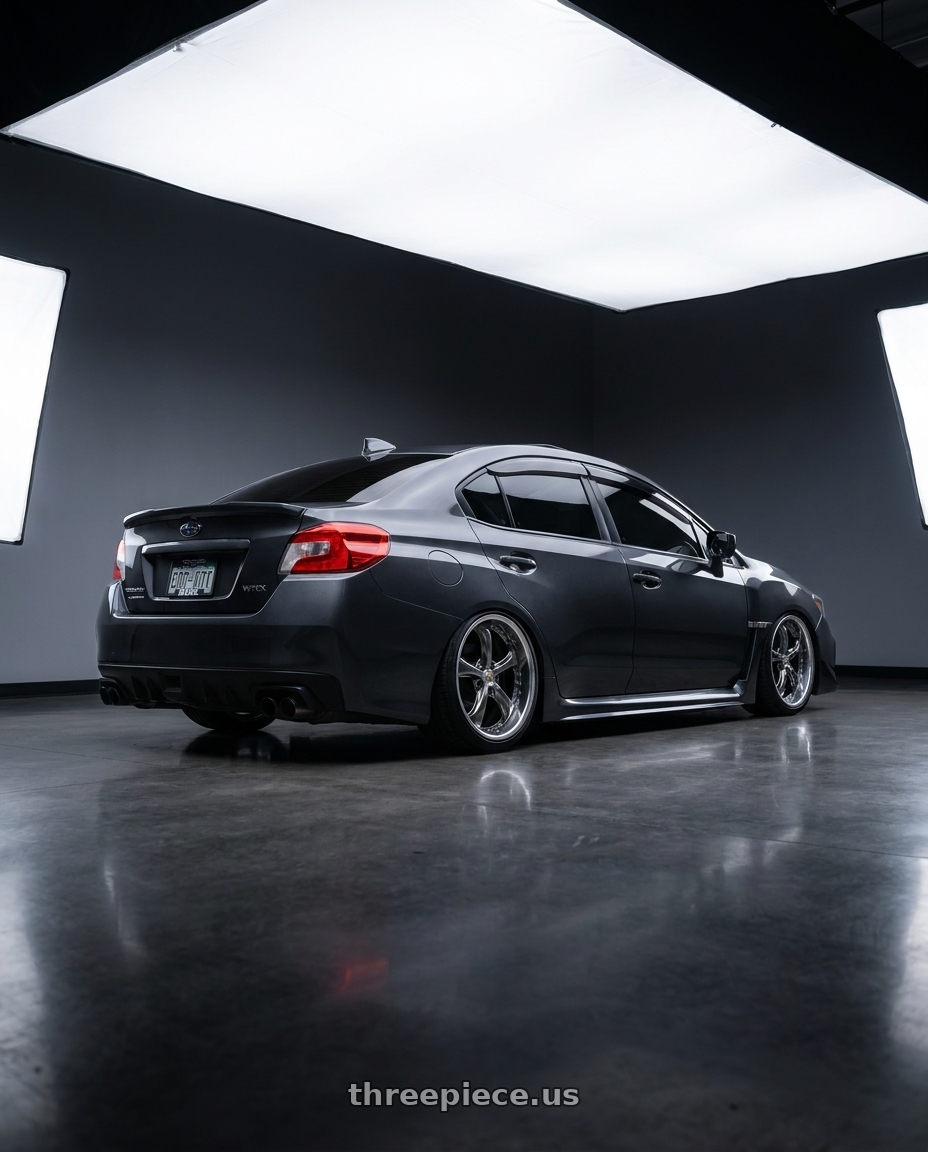 2020 Subaru Wrx with Work Wheels VS-KF 5X114.3 19x8.5+47 Brilliant Silver Black A Disk FULL REVERSE wheels rear three quarter view square tires