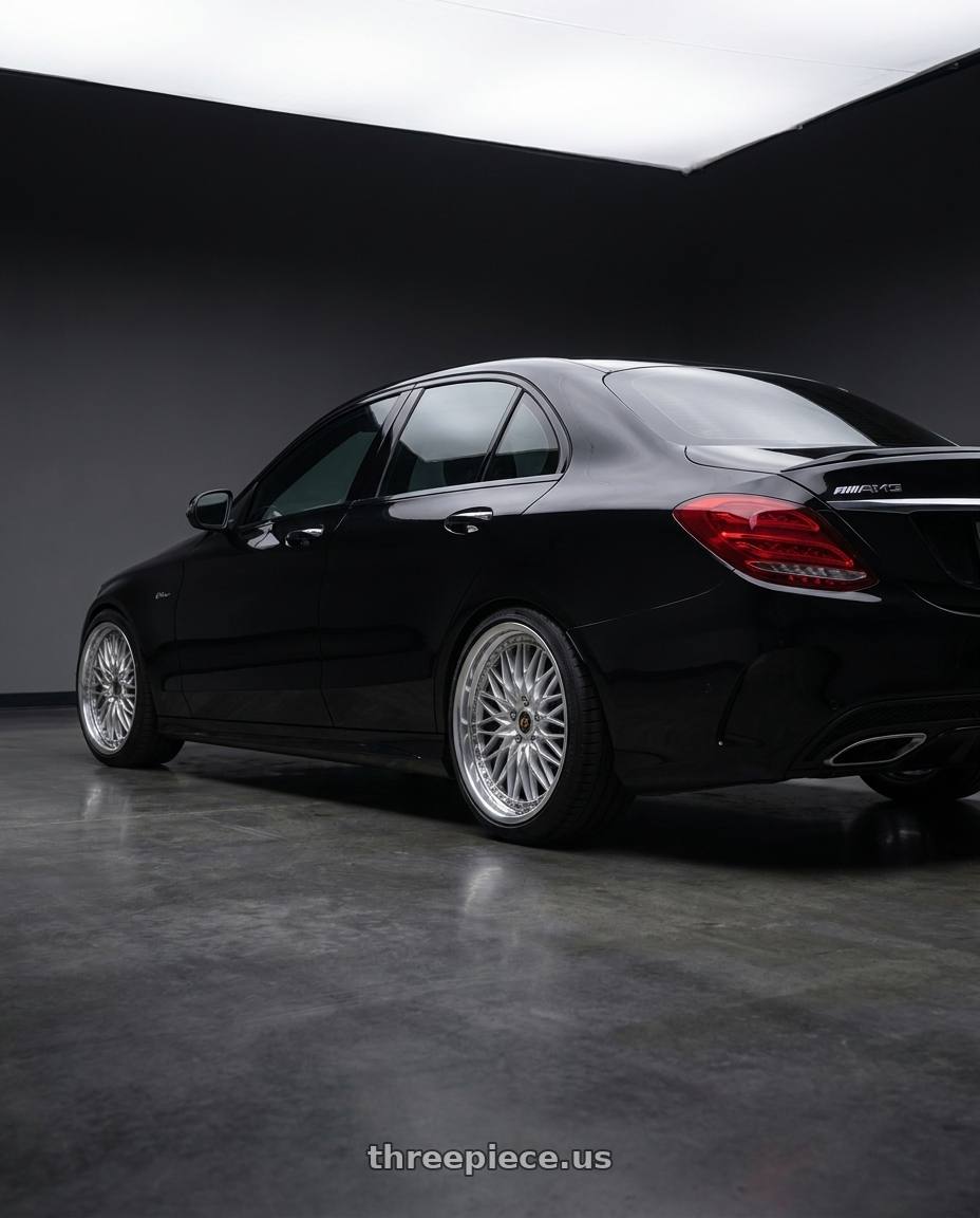 2018 mercedes benz c43 amg with Work Vs-Xv 5x112 19x8.5+34 A Disk Silky Rich Silver wheels rear three quarter view square tires