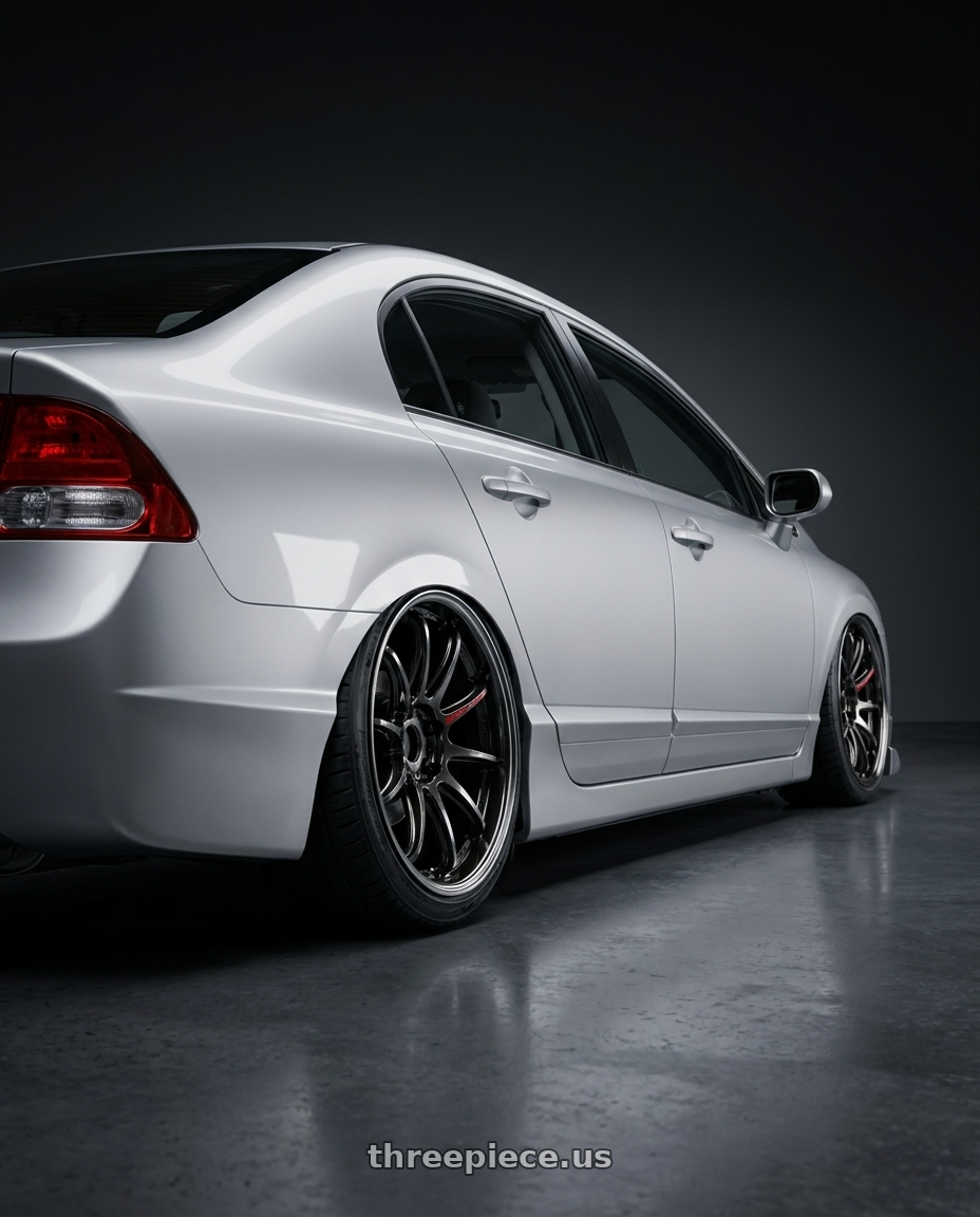 2006 Civic 8 with Work Zr10 2P 5x114.3 18x10.0 +38 Glim Black wheels rear three quarter view slight stretch tires