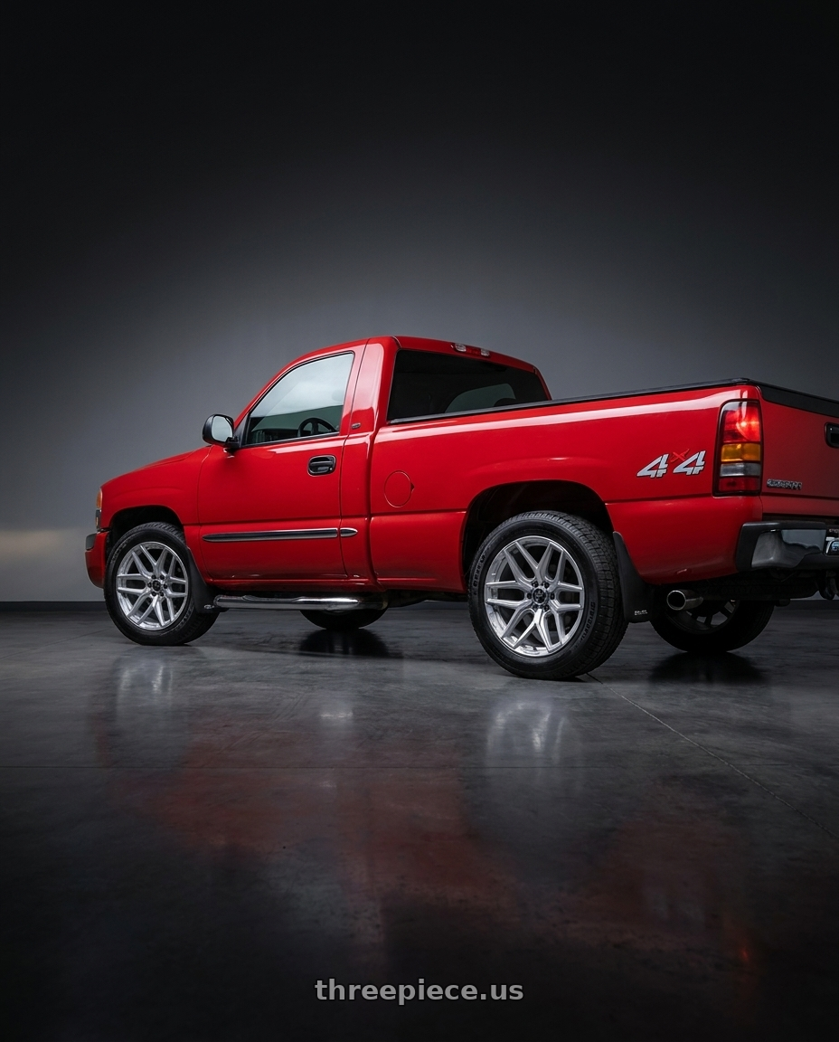 2004 gmc sierra 1500 fire with Fuel 1PC FLUX 6X139.7 18X9 +20 PLATINUM wheels rear three quarter view square tires