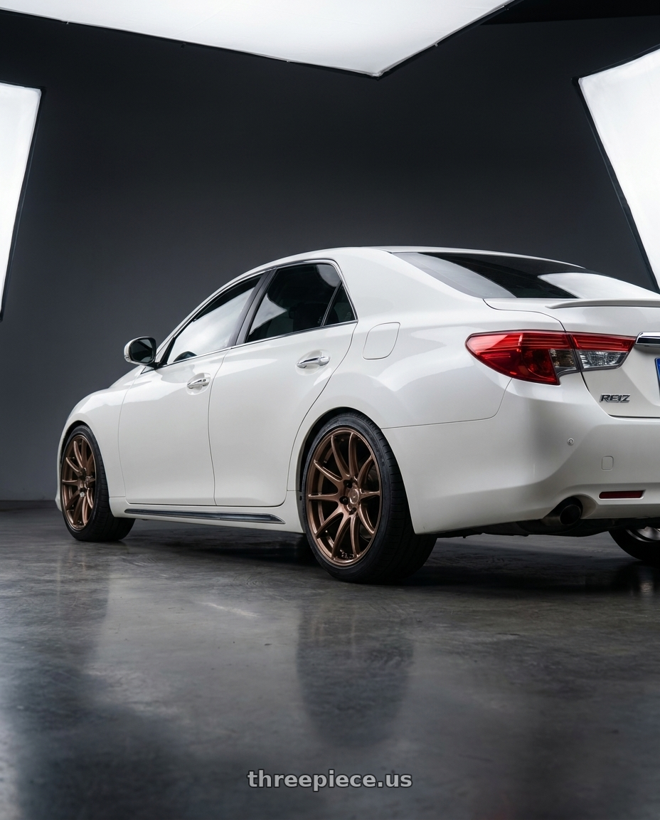 2014 Toyot Reiz with WORK Emotion CR Shigoku 5x114.3 18x8.5 +38 Armed Titanium AMG wheels rear three quarter view square tires