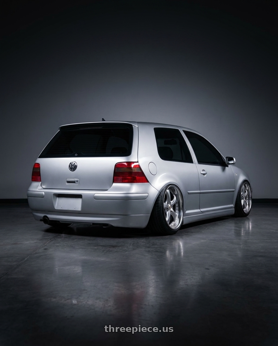 2002 VW GTI with Work Wheels VS-KF 5x100 18x8.5+34 Light Grey Silver A Disk FULL REVERSE wheels rear three quarter view slight stretch tires