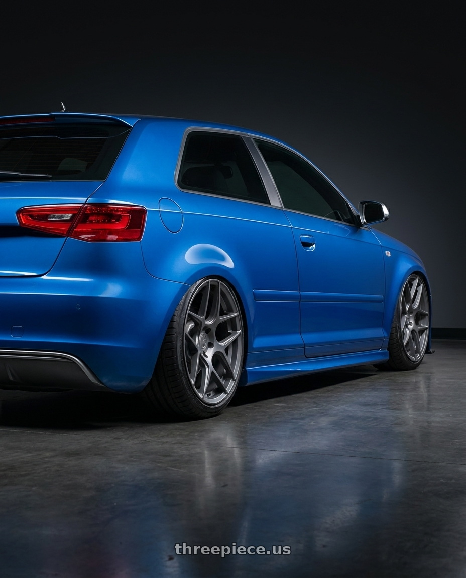 2019 Audi S3 8V with Aodhan AFF2 5x112 19x9.5+35 Matte Gray wheels rear three quarter view slight stretch tires
