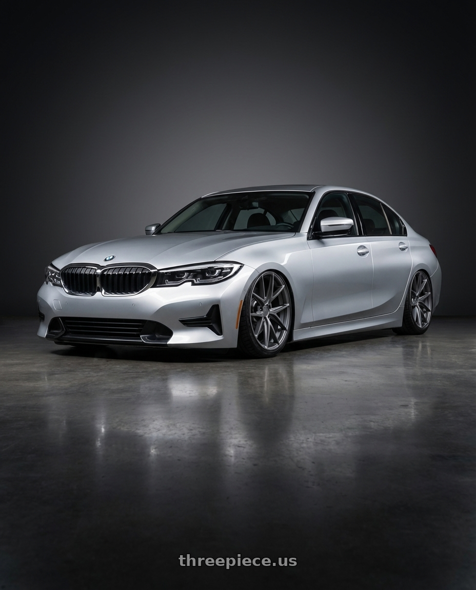 2023 BMW 3 Series G20 with Niche 1PC M116 MISANO 5X112 19X9.5 +35 MATTE GUN METAL wheels front three quarter view stanced stance