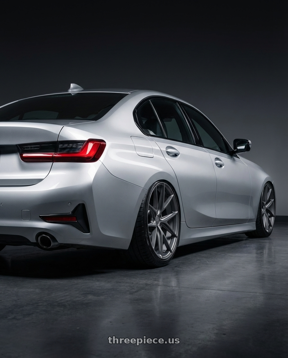 2023 BMW 3 Series G20 with Niche 1PC M116 MISANO 5X112 19X9.5 +35 MATTE GUN METAL wheels rear three quarter view slight stretch tires