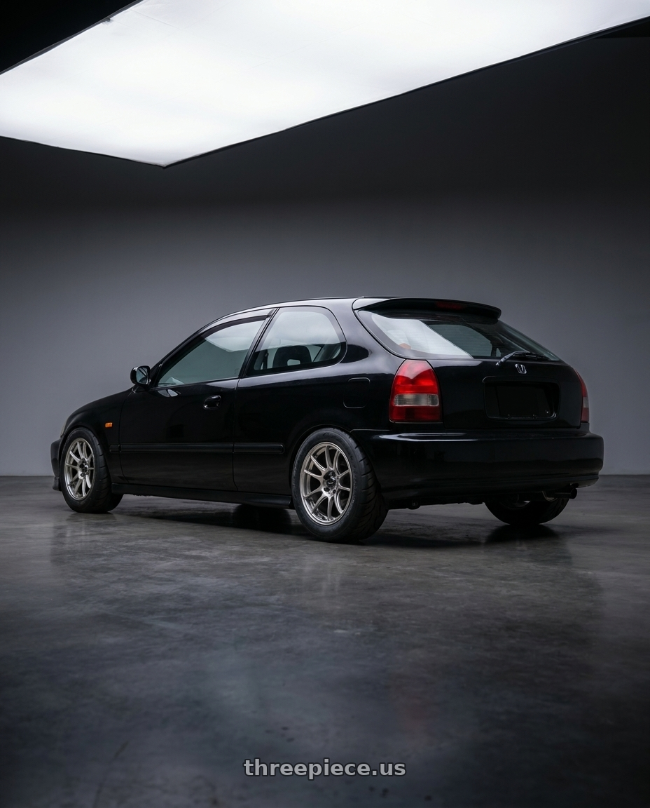 1997 Honda Civic with Konig Heliogram 4X100 15x7+35 Titanium Metallic Knurled Bead Flow Formed wheels rear three quarter view meaty tires