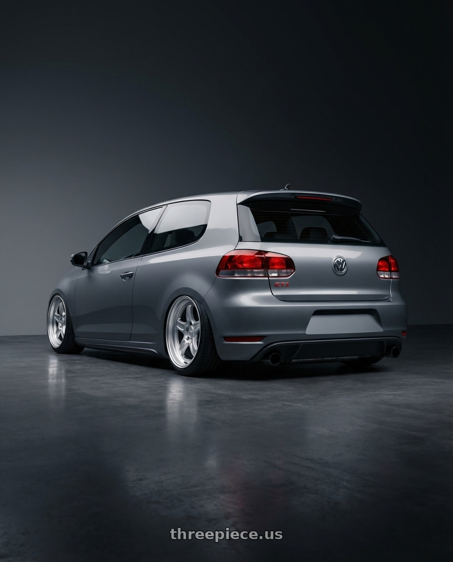 2013 Volkswagen GTI MK6 with Kansei K11S Tandem 5X112 18x8.5 35 Hyper Silver wheels rear three quarter view slight stretch tires