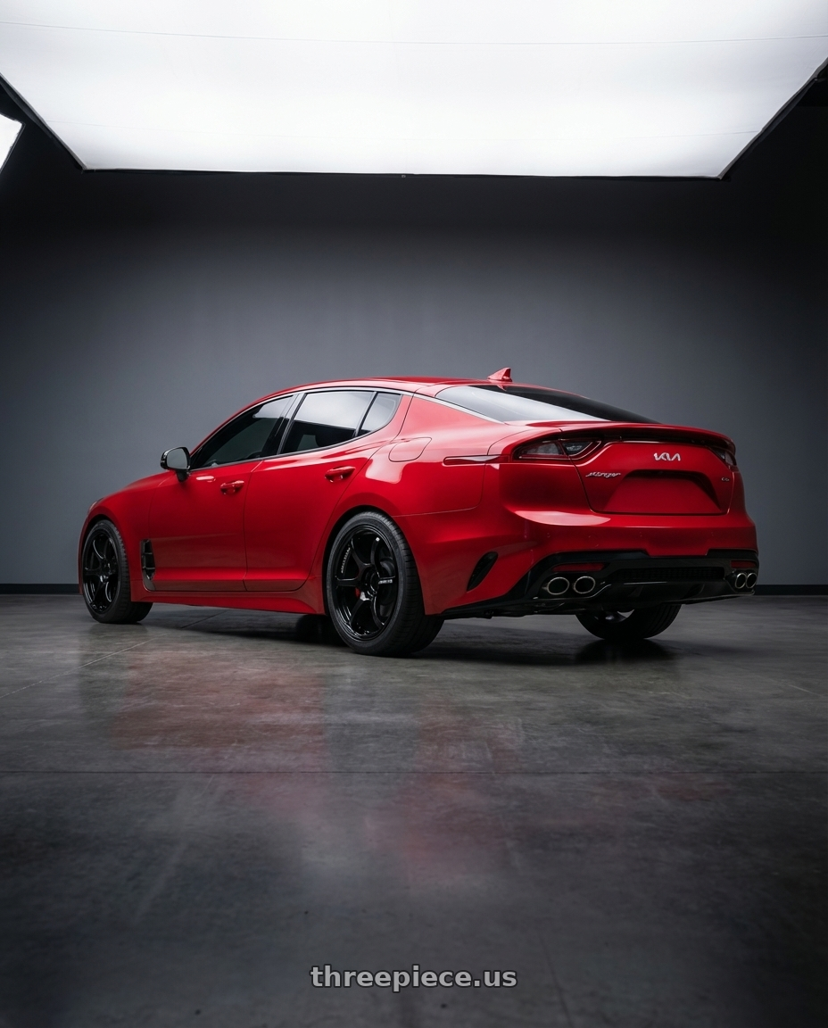 2022 Kia Stinger GT with Advan RGII 5x114.3 19x10+35 Gloss Black wheels rear three quarter view square tires