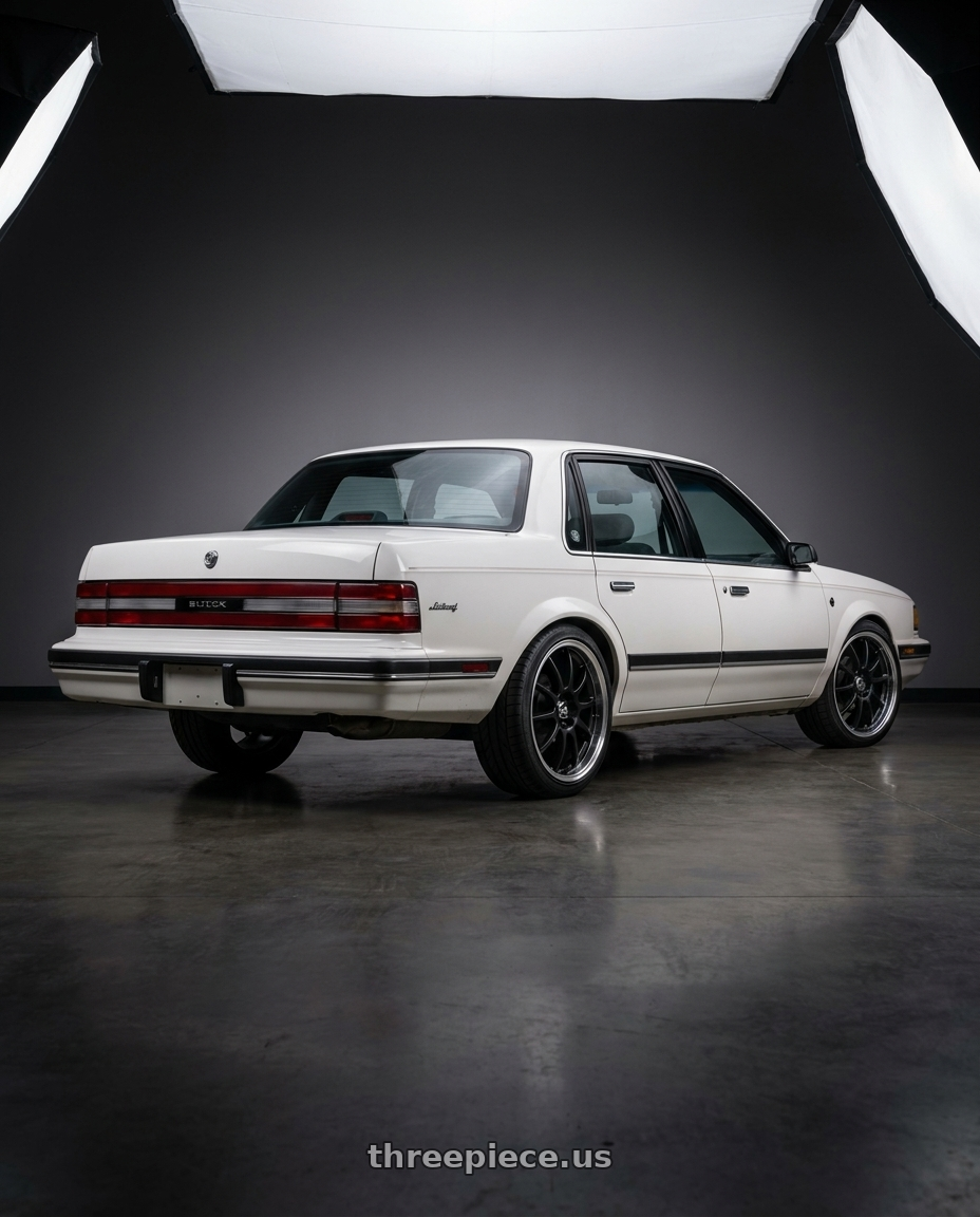 1990 Buick century limited white  with Enkei J10 5x100/114.3 16x7+38 Matte Black W/ Machined Lip wheels rear three quarter view slight stretch tires