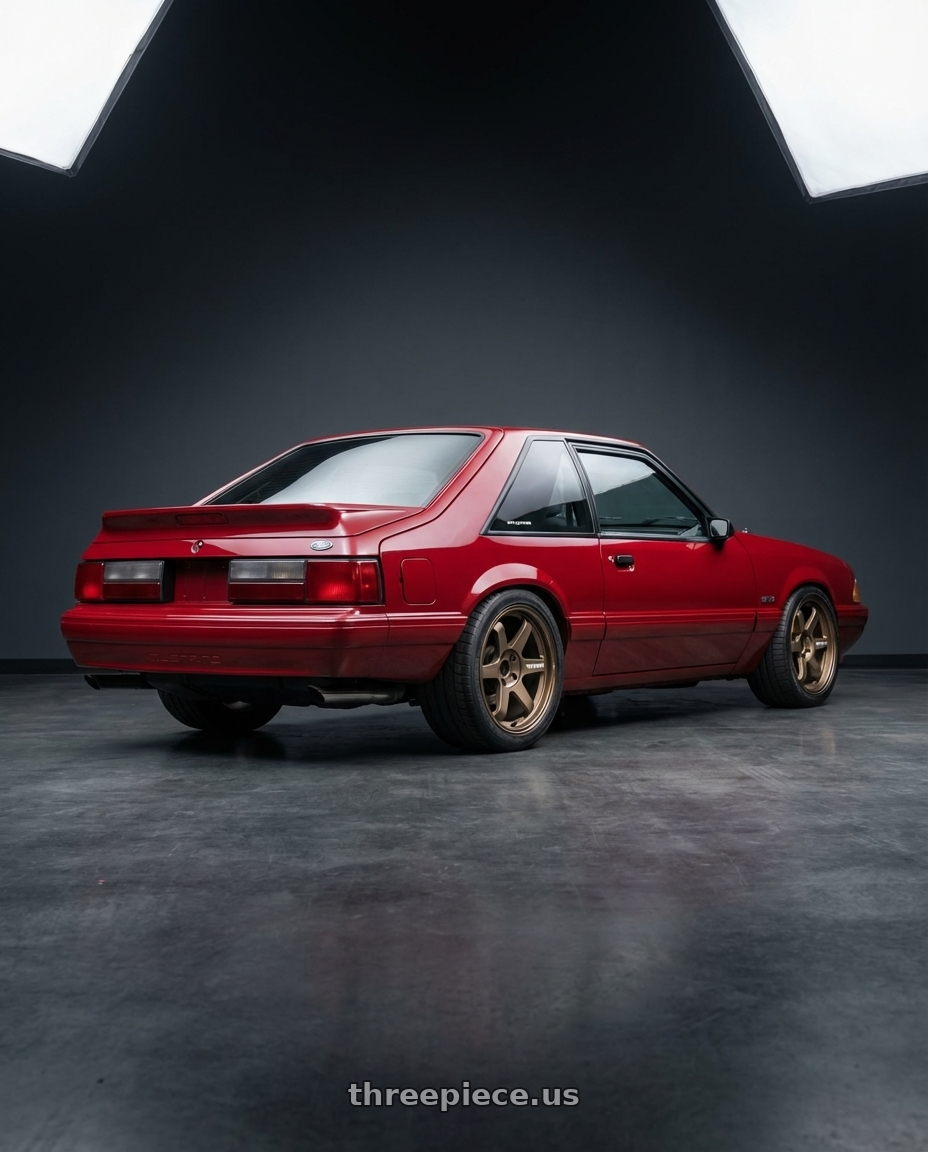 1988 Mustang LX with Volk Racing TE37 Ultra M Spec 5x112 19x9.5+23 19x10.5+35 Bronze Almite Toyota Supra MK5 Spec wheels rear three quarter view square tires