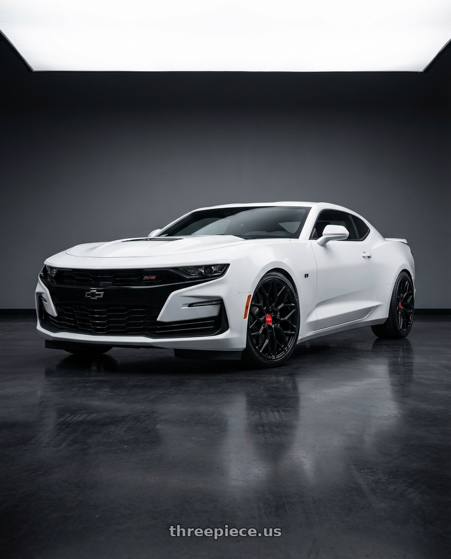 2022 Chevrolet Camaro with Vossen HF-2 20x9 / 5x120 / ET35 / Flat Face / 66.9 - Gloss Black Wheel - HF2-0B03 wheels front three quarter view lowered stance