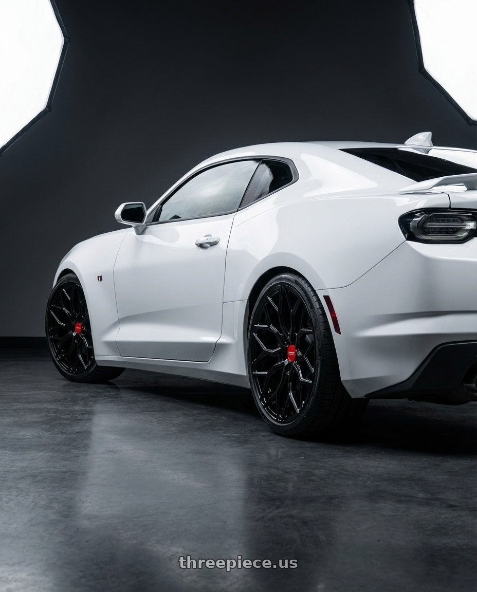 2022 Chevrolet Camaro with Vossen HF-2 20x9 / 5x120 / ET35 / Flat Face / 66.9 - Gloss Black Wheel - HF2-0B03 wheels rear three quarter view square tires