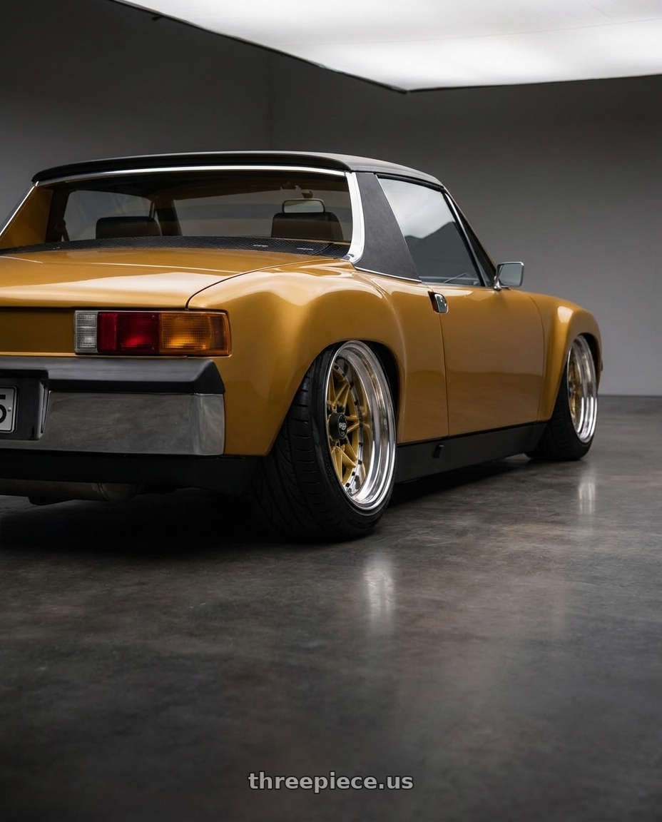 1980 Porsche 914 with WORK Equip 03 4x100 15x13 -6 GOLD wheels rear three quarter view extreme stretch tires