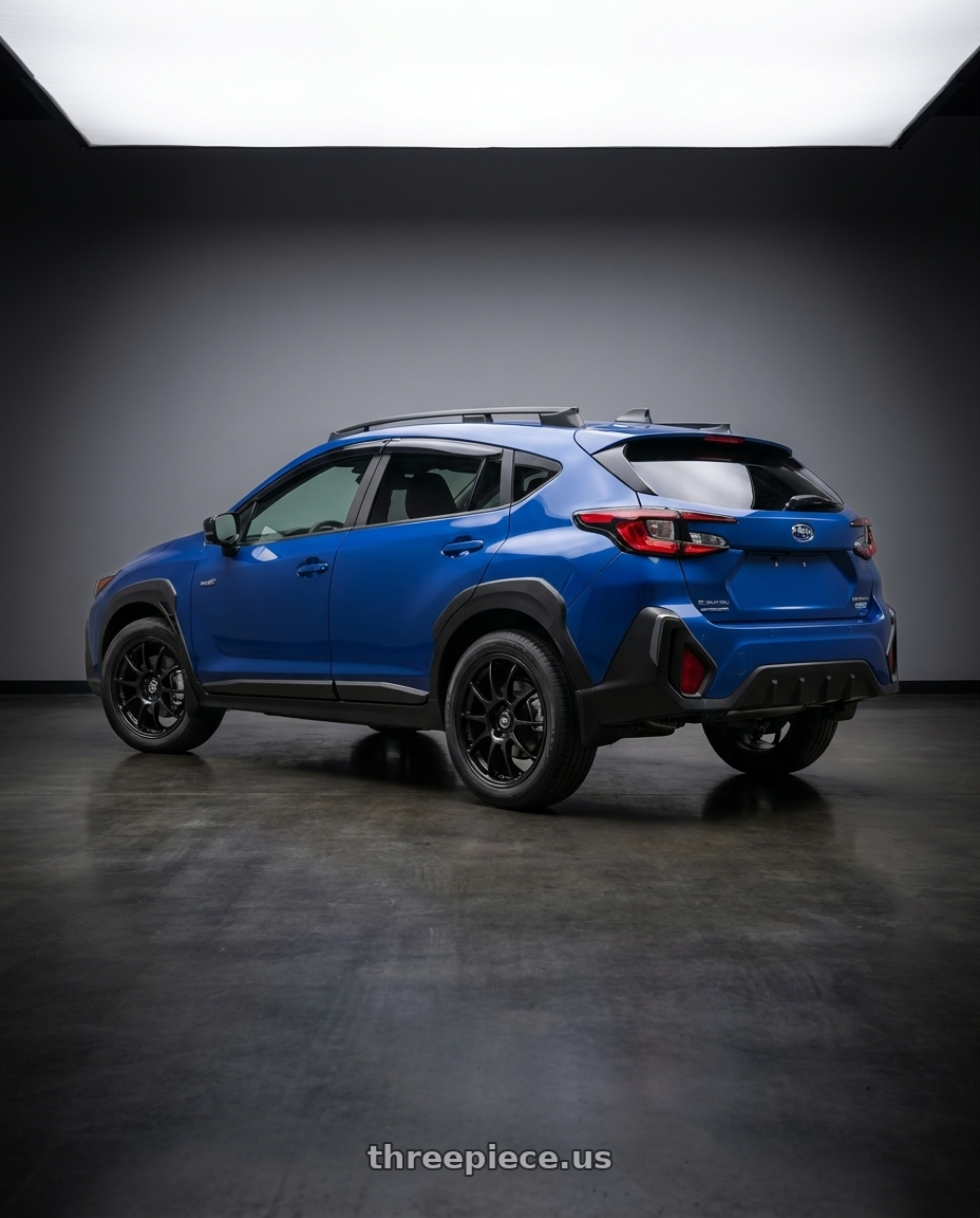 2026 Subaru Crosstrek with Enkei PF01 5x114.3 17x8+50 Black wheels rear three quarter view square tires