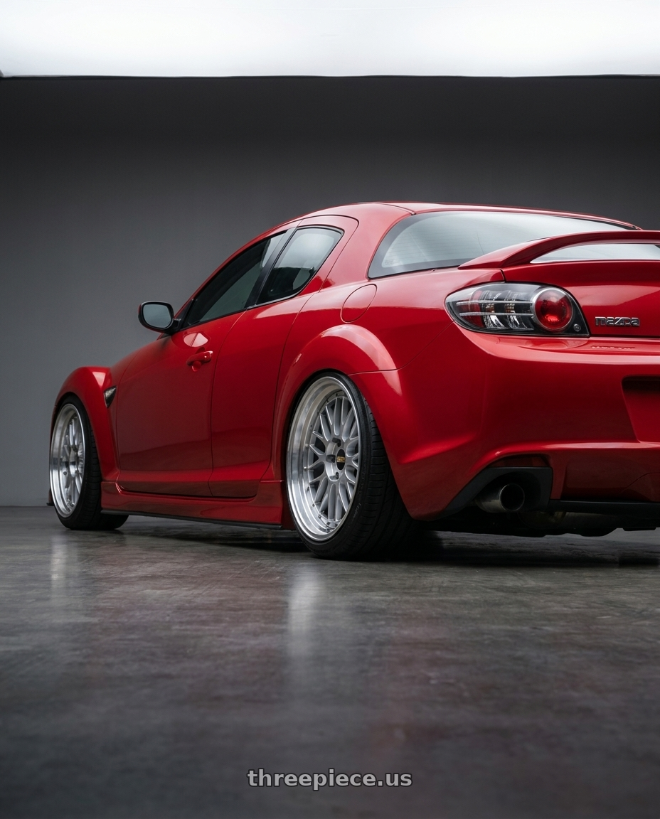 2010 Mazda rx8 with BBS LM 5x114.3 19x10.0+40 Diamond Silver wheels rear three quarter view slight stretch tires