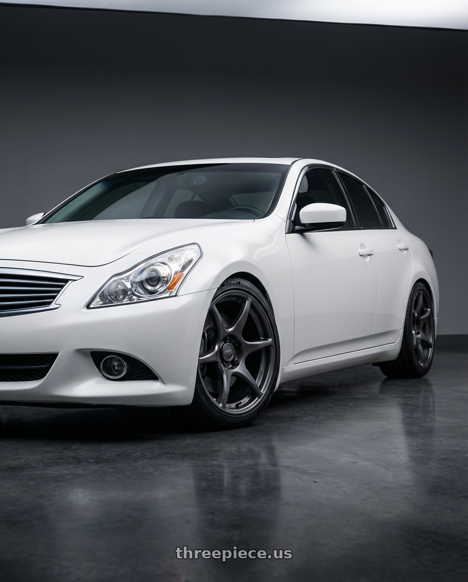2014 Infiniti G37 Coupe with Kansei K11G Tandem 5x114.3 19x9.5 22 Gunmetal wheels front three quarter view lowered stance