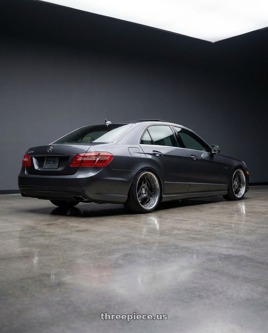 2012 Mercedes E550 with Heritage Wheel TSUKUBA wheels rear three quarter view slight stretch tires