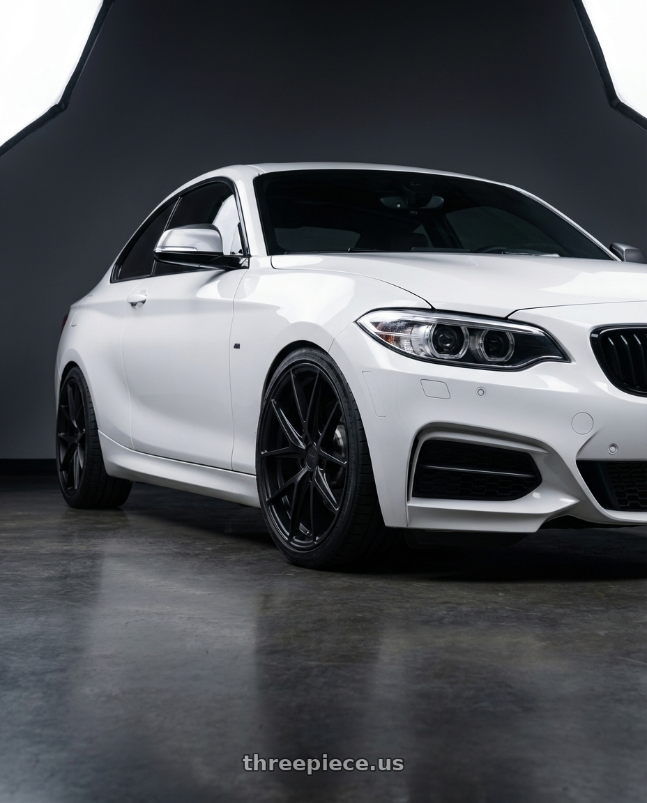 2018 BMW 2 Series F22 with Niche 1PC M117 MISANO 5X120 18X8 +40 MATTE BLACK wheels front three quarter view lowered stance
