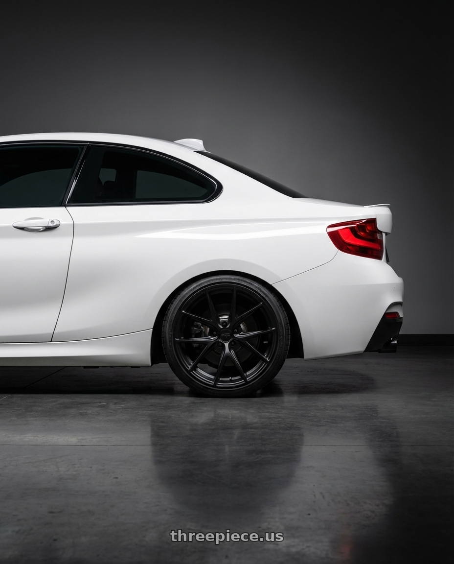 2018 BMW 2 Series F22 with Niche 1PC M117 MISANO 5X120 18X8 +40 MATTE BLACK wheels rear three quarter view square tires