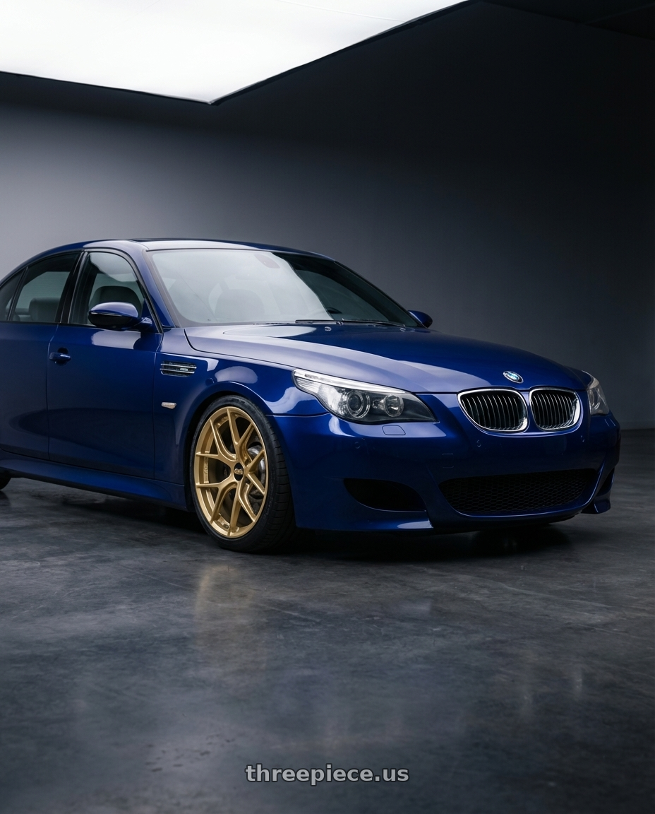 2010 BMW M5 E60 with BBS FI-R 5x120 19x10.5+35 Gold wheels front three quarter view lowered stance