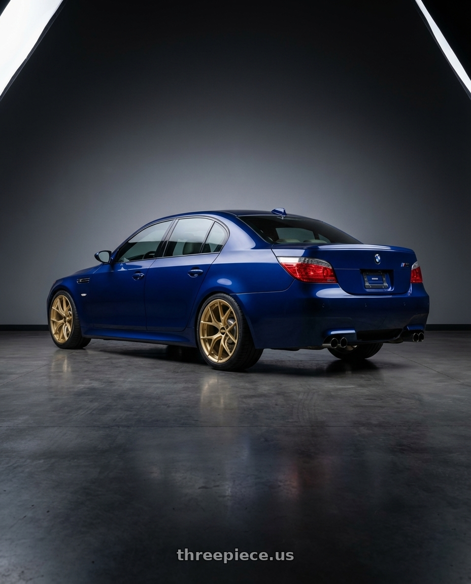 2010 BMW M5 E60 with BBS FI-R 5x120 19x10.5+35 Gold wheels rear three quarter view square tires