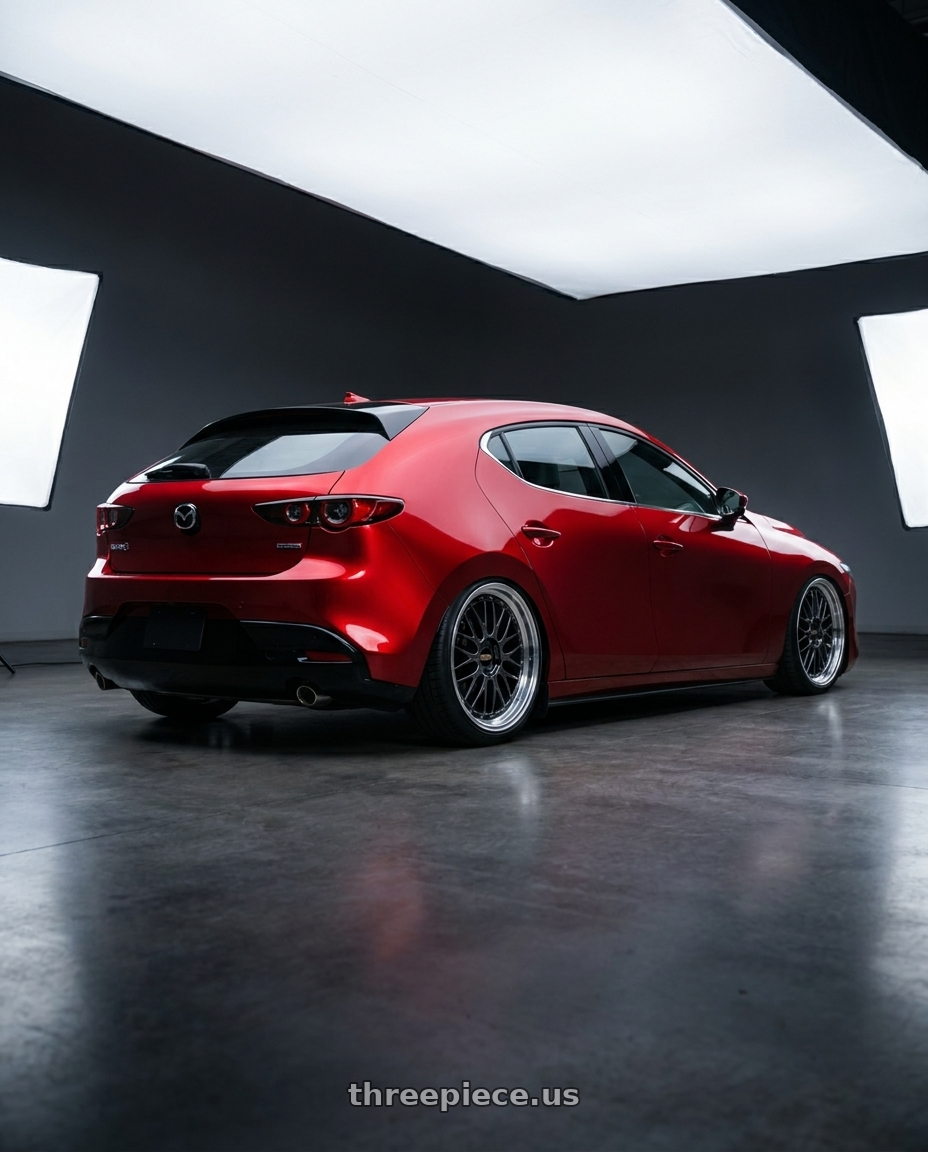 2024 Mazda 3 with BBS LM 5x114.3 19x8.5+43 Diamond Black wheels rear three quarter view slight stretch tires