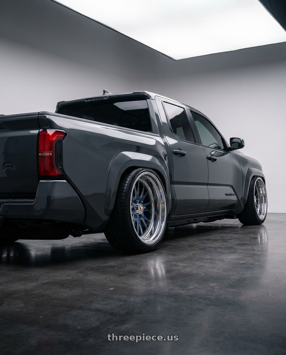 2024 toyota tacoma 4th gen sr 4 door with American Force 276 NIGHTMARE FP 6x135 20x12 -40 Polished wheels rear three quarter view extreme stretch tires