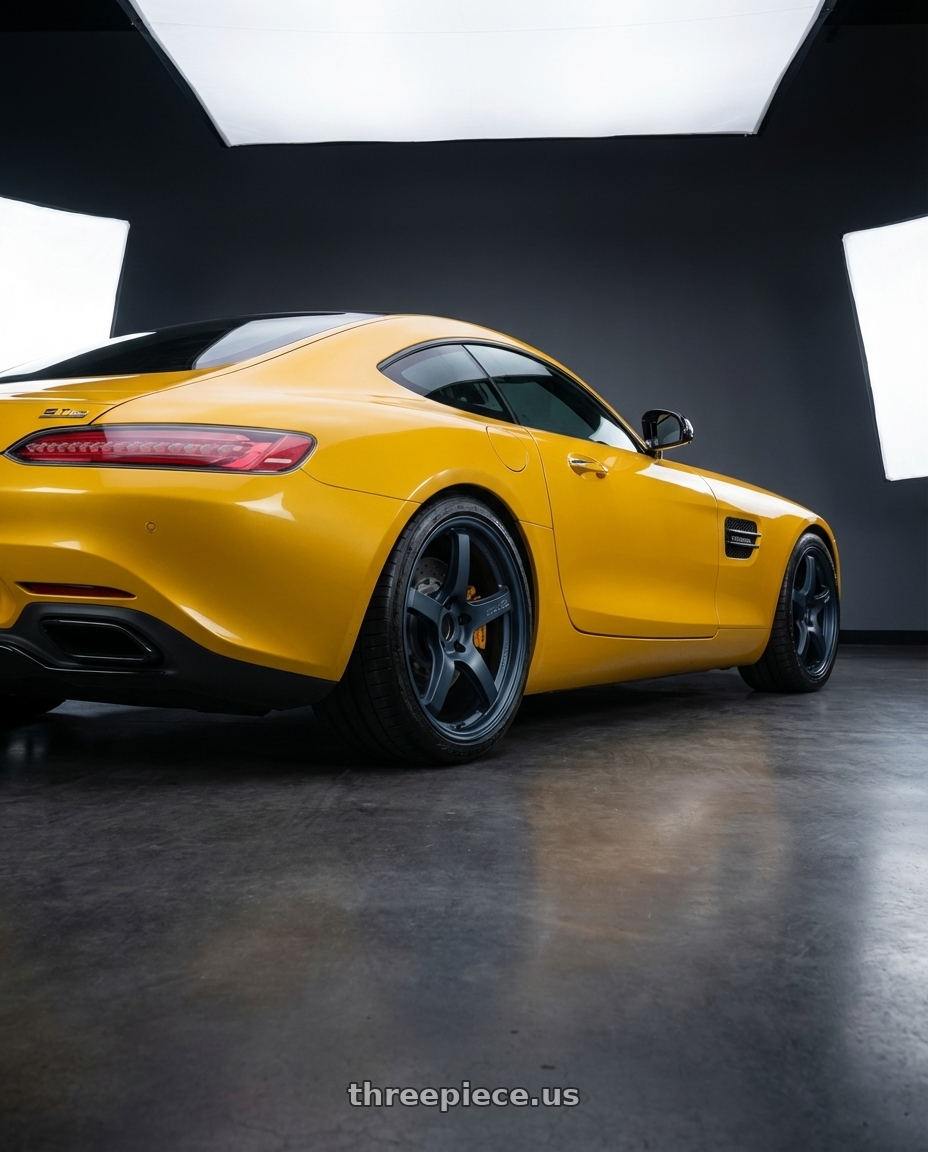 2019 Mercedes-Benz AMG GT with Gram Lights 57CR 5x112 19x9.5+25 Gunblue II wheels rear three quarter view square tires