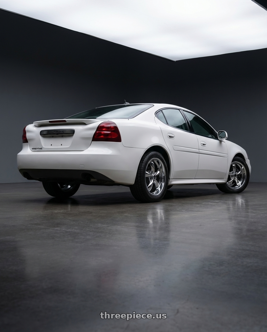 2004 Pontiac grand Prix white with American Racing AR605 TORQ THRUST M 5X115 16X7 +35 CHROME wheels rear three quarter view square tires