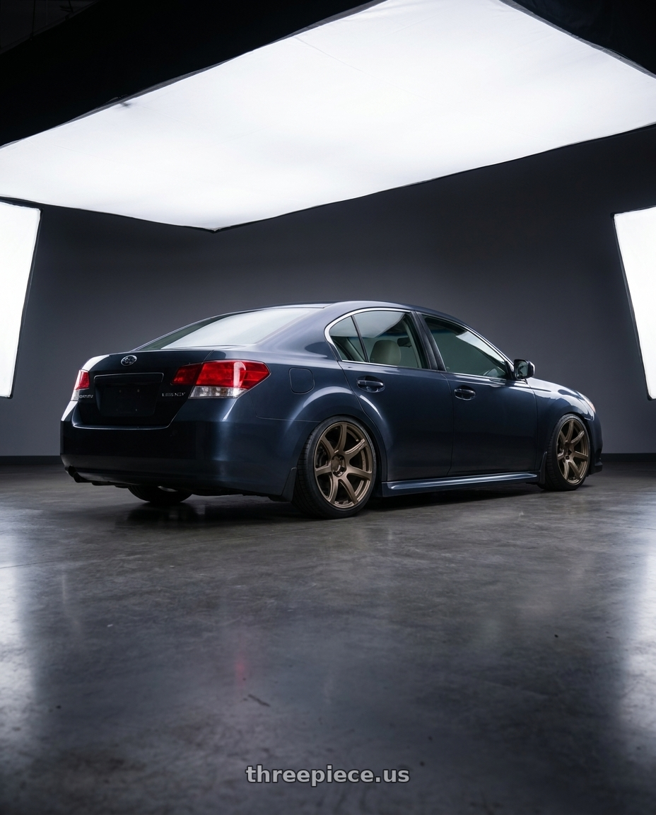 2014 Subaru Legacy 2 5 with Work Emotion T7r 5x100 18x8.5 +45 Matte Bronze wheels rear three quarter view square tires