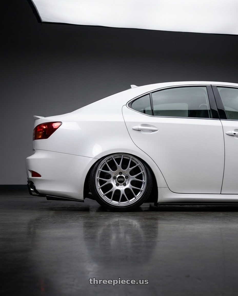 2008 Lexus is350 white with BBS CH-R 5x130 19x8.5 +51 Brilliant Silver Polished Rim Protector wheels rear three quarter view slight stretch tires