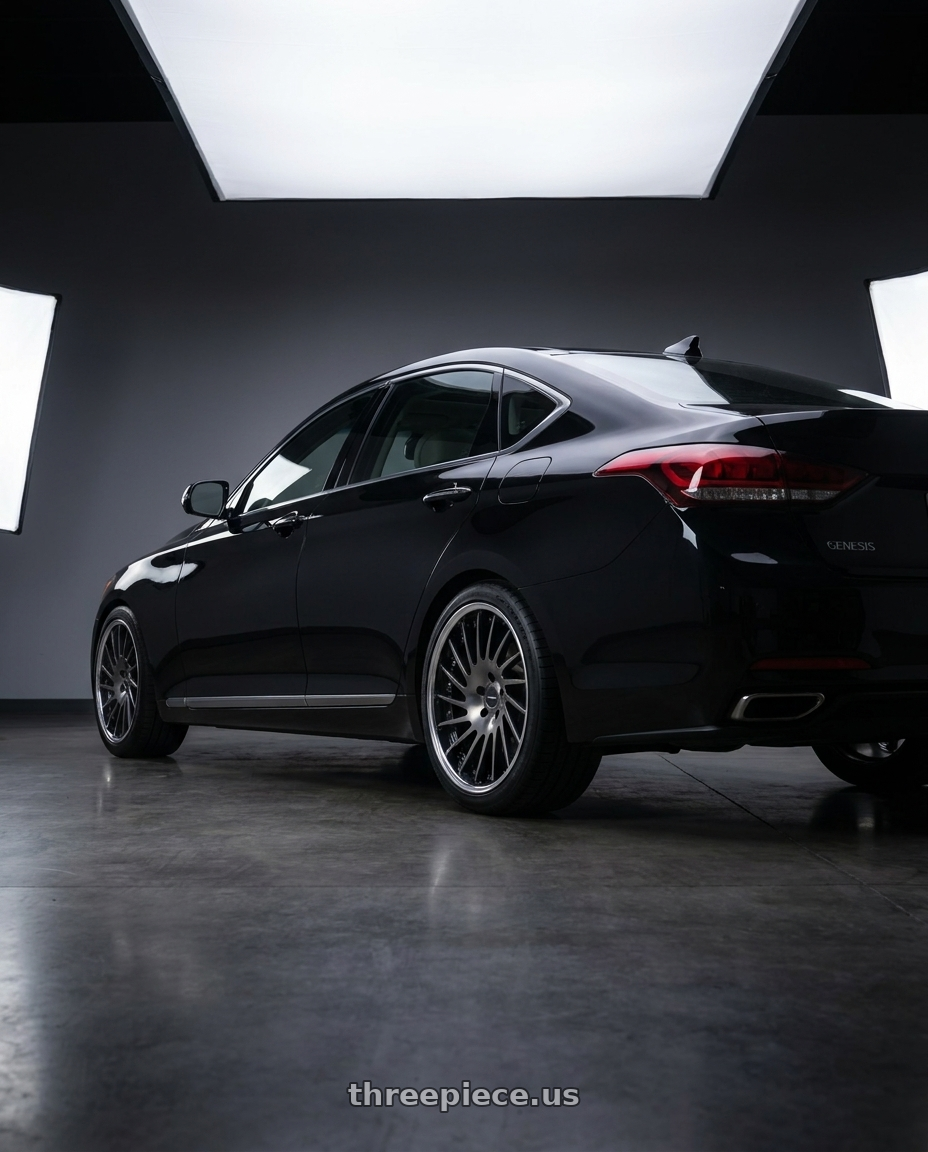 2016 hyundai genesis 3 8 with SSR CV05 5x114.3 19X8.5+38 NR Disk Galaxy Clear Black wheels rear three quarter view square tires