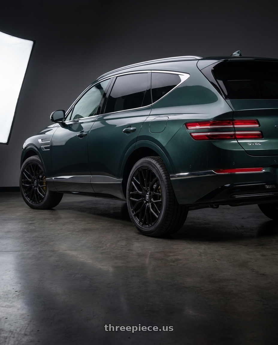 2023 genesis gv80 with TOUREN TR76 3276 5x114.3 19x8.5 +35 GLOSS BLACK wheels rear three quarter view square tires