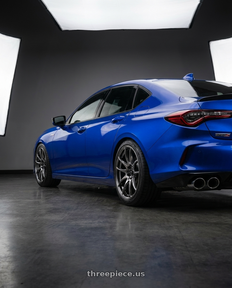 2021 tlx type s apex blue with Vors TR4 5x120 19x8.5  +35 Hyper Black wheels rear three quarter view square tires