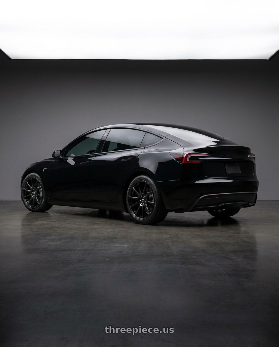 2025 Tesla Model 3 Long Range with Vors TR4 5x114.3 18x8.5  +35 Gloss Black wheels rear three quarter view square tires