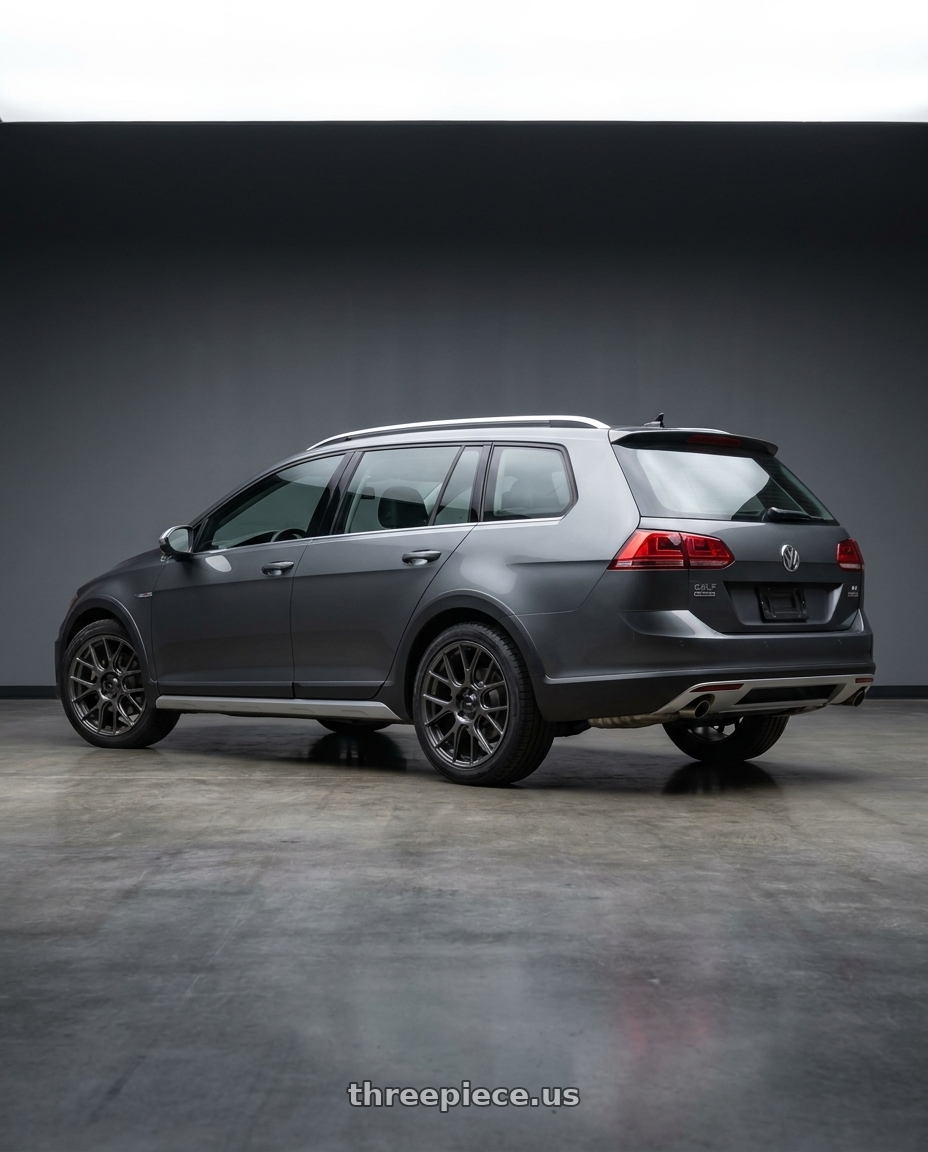 2017 vw golf alltrack sel with Konig Ampliform 5x112 18x8.5+43 Dark Metallic Graphite wheels rear three quarter view square tires